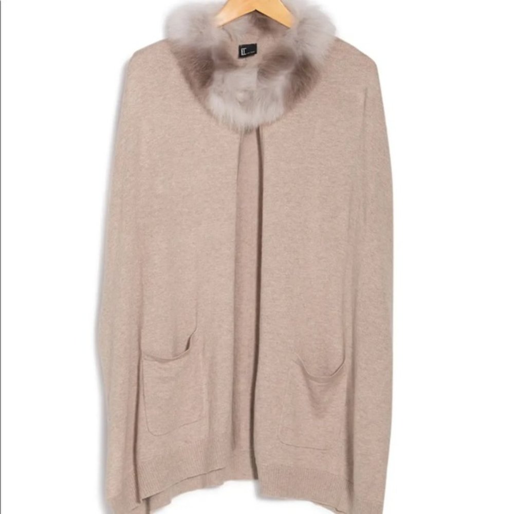 NEW Love Token Women Genuine Fox Fur Trim Cardigan Vest Knit Pocket Oatmeal - Picture 4 of 4